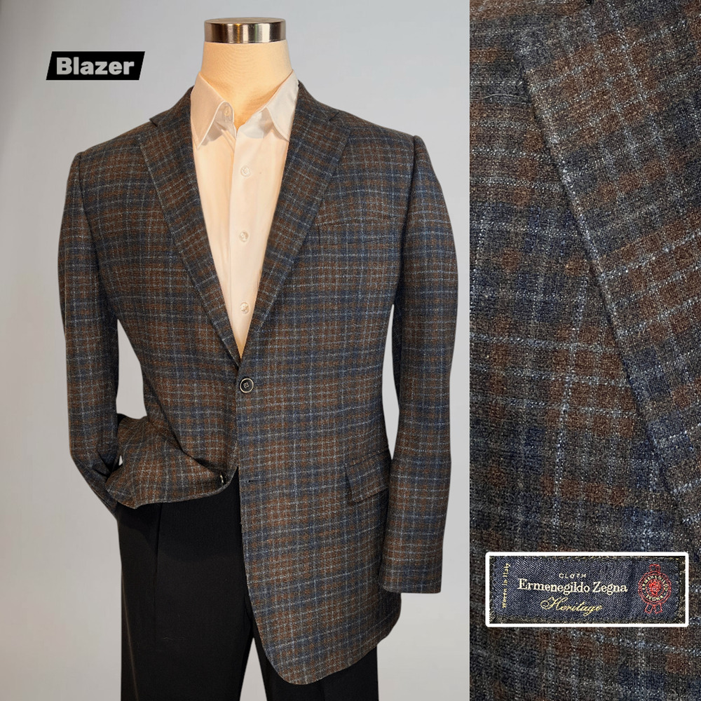 Ermenegildo Zegna Blazer 44L Cigar Brown Blue Plaid Wool Silk Cashmere Italy